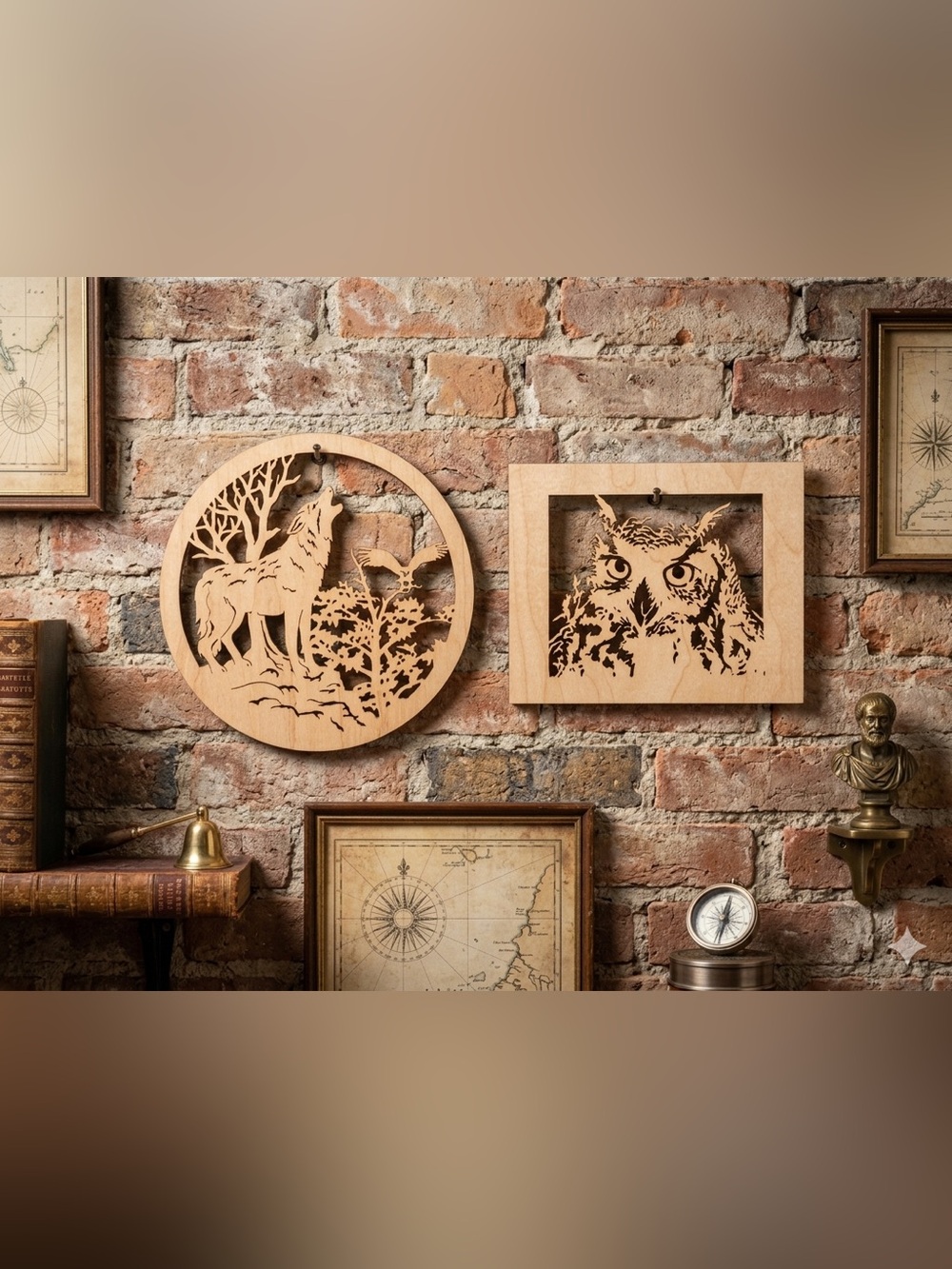 Laser-Cut Wolf & Owl Flatwood Wall Art